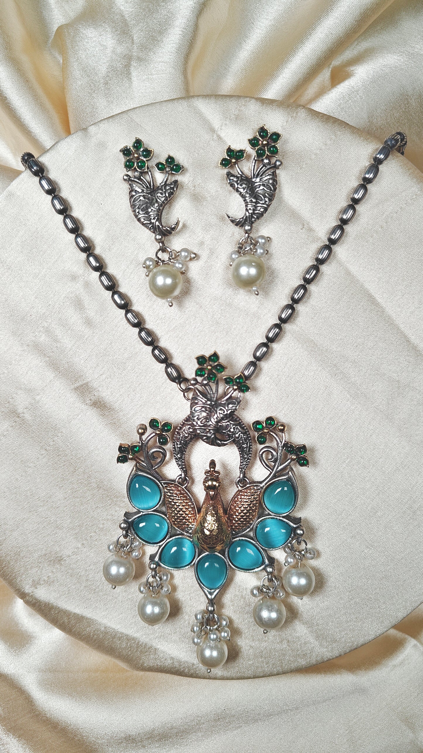 Aqua Feather Twin Peacock Pendant Set