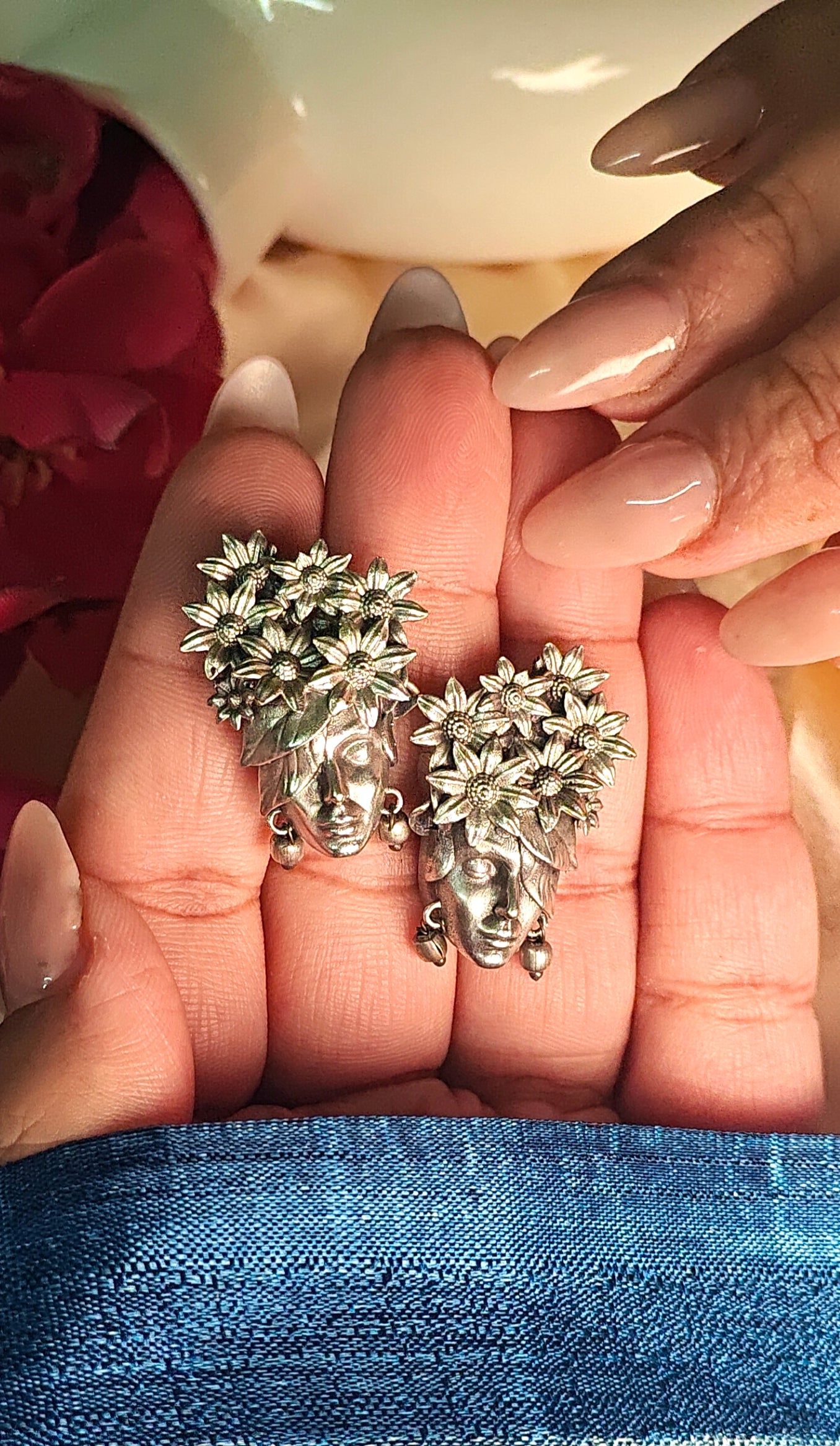 Silver Floral Crown Face Stud Earrings