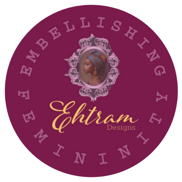 Logo with text 'Embellishing Femininity' and 'Ehitram Designs' on a purple circle background