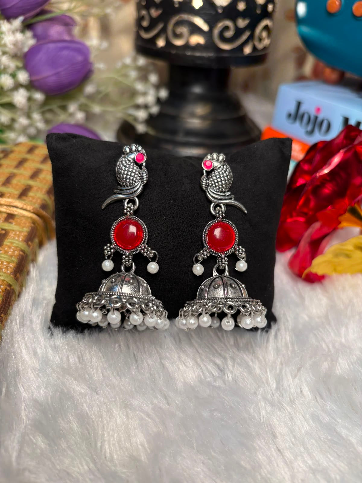 Ruby Matsya Charm Oxidised Jhumka Earrings
