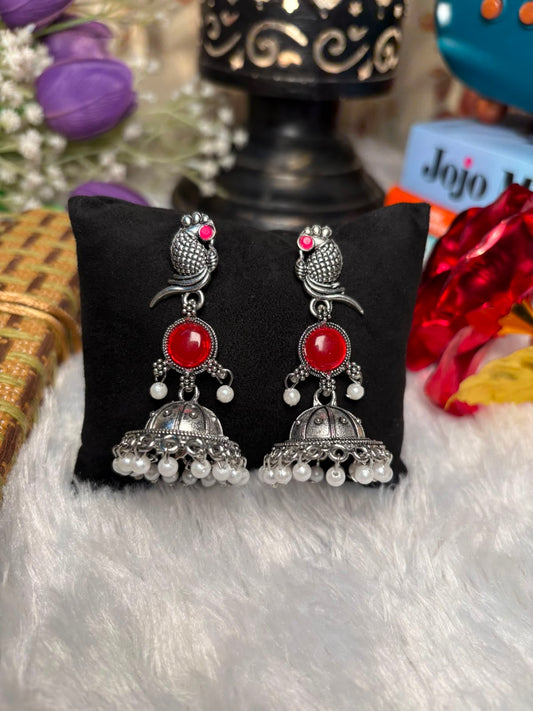 Ruby Matsya Charm Oxidised Jhumka Earrings