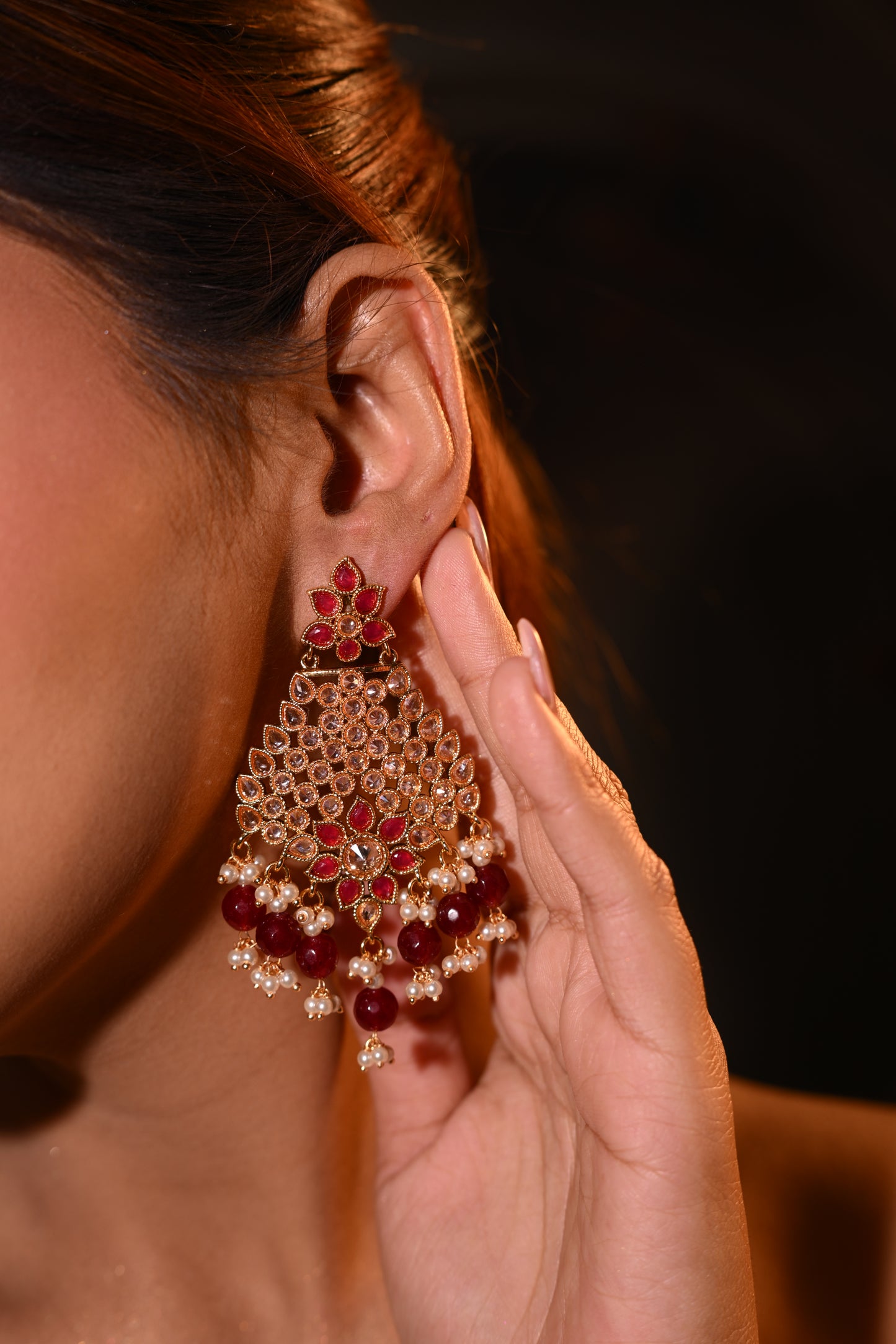 Royal Kundan Chandbali Earrings with Maroon Beads & Pearl Drops