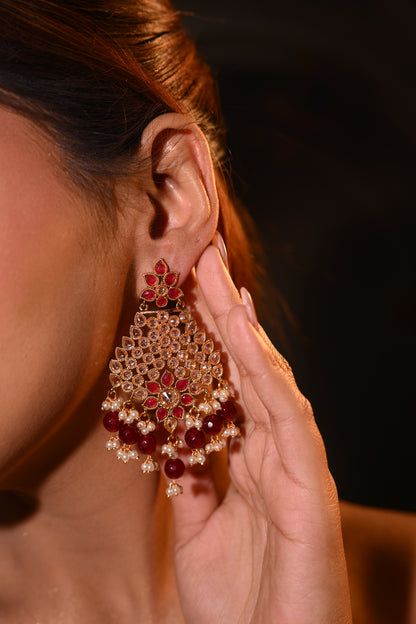 Royal Kundan Chandbali Earrings with Maroon Beads & Pearl Drops