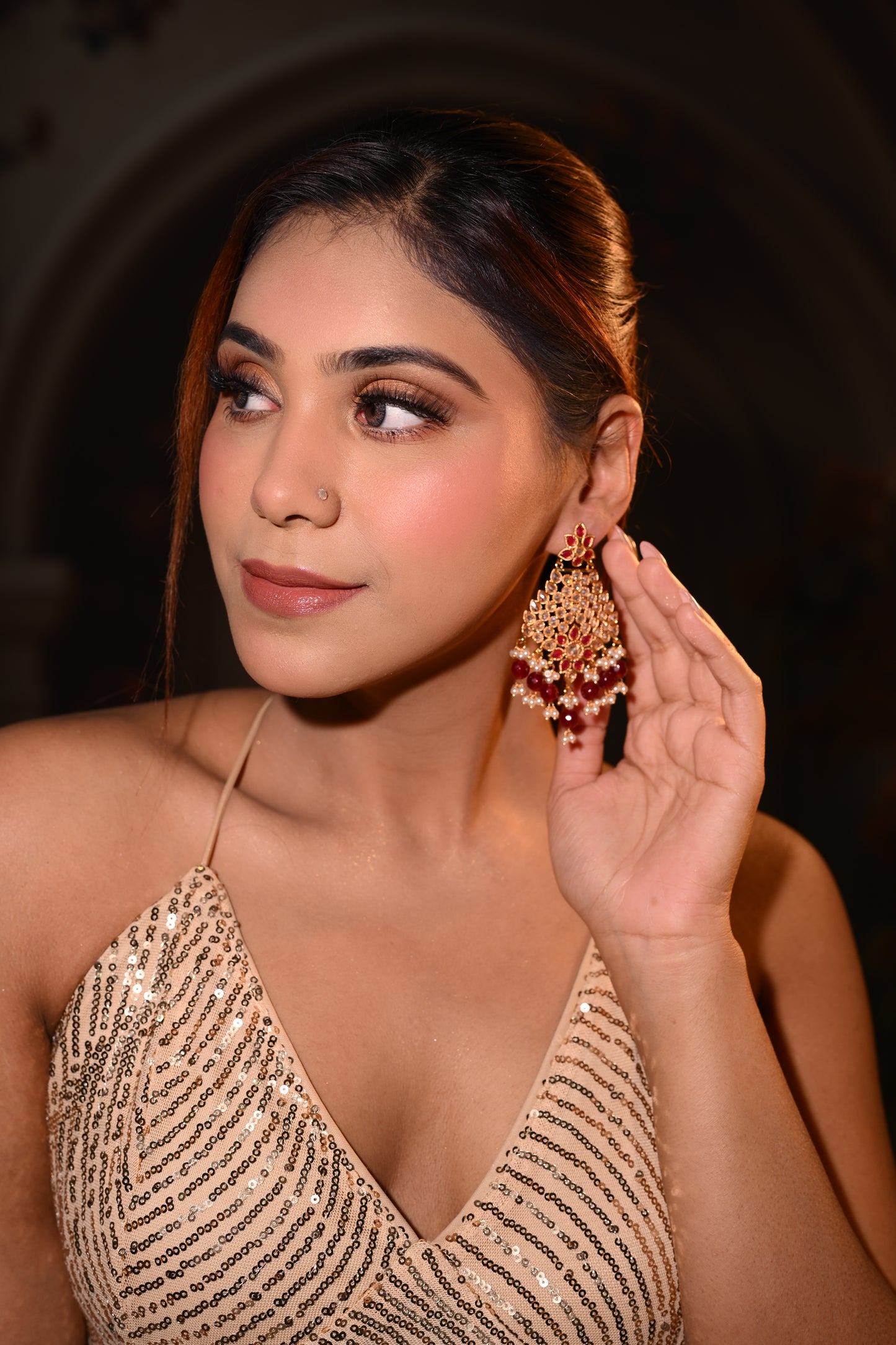 Royal Kundan Chandbali Earrings with Maroon Beads & Pearl Drops