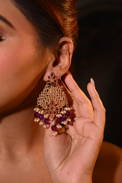 Kundan Chandbali Earrings with Rich Magenta Beads & Pearl Detailing