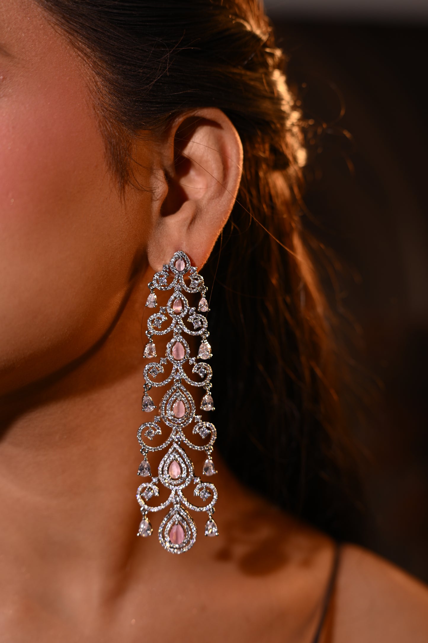 Long American Diamond Earrings with Pink Stones