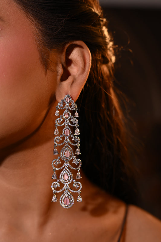 Long American Diamond Earrings with Pink Stones