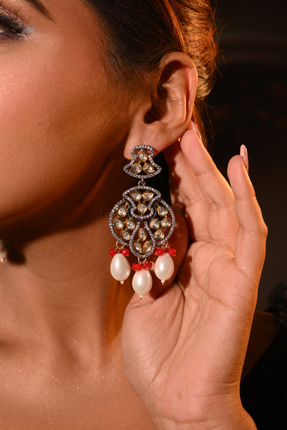 Opulent Kundan Chaandbali Earrings with Red Bead Accents