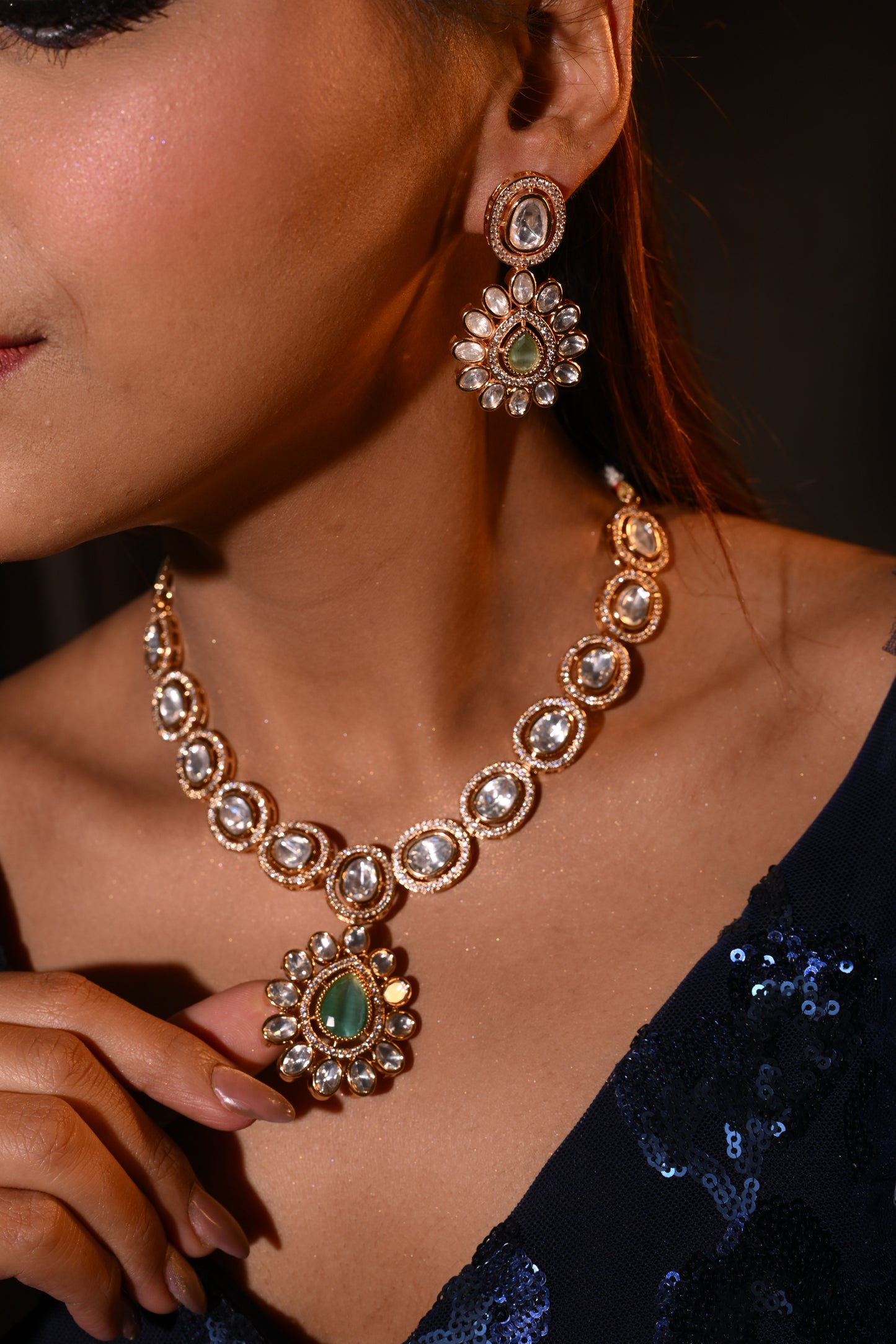Green Teardrop Kundan Necklace Set with Mirror-Polished Uncut Stones
