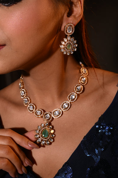 Green Teardrop Kundan Necklace Set with Mirror-Polished Uncut Stones