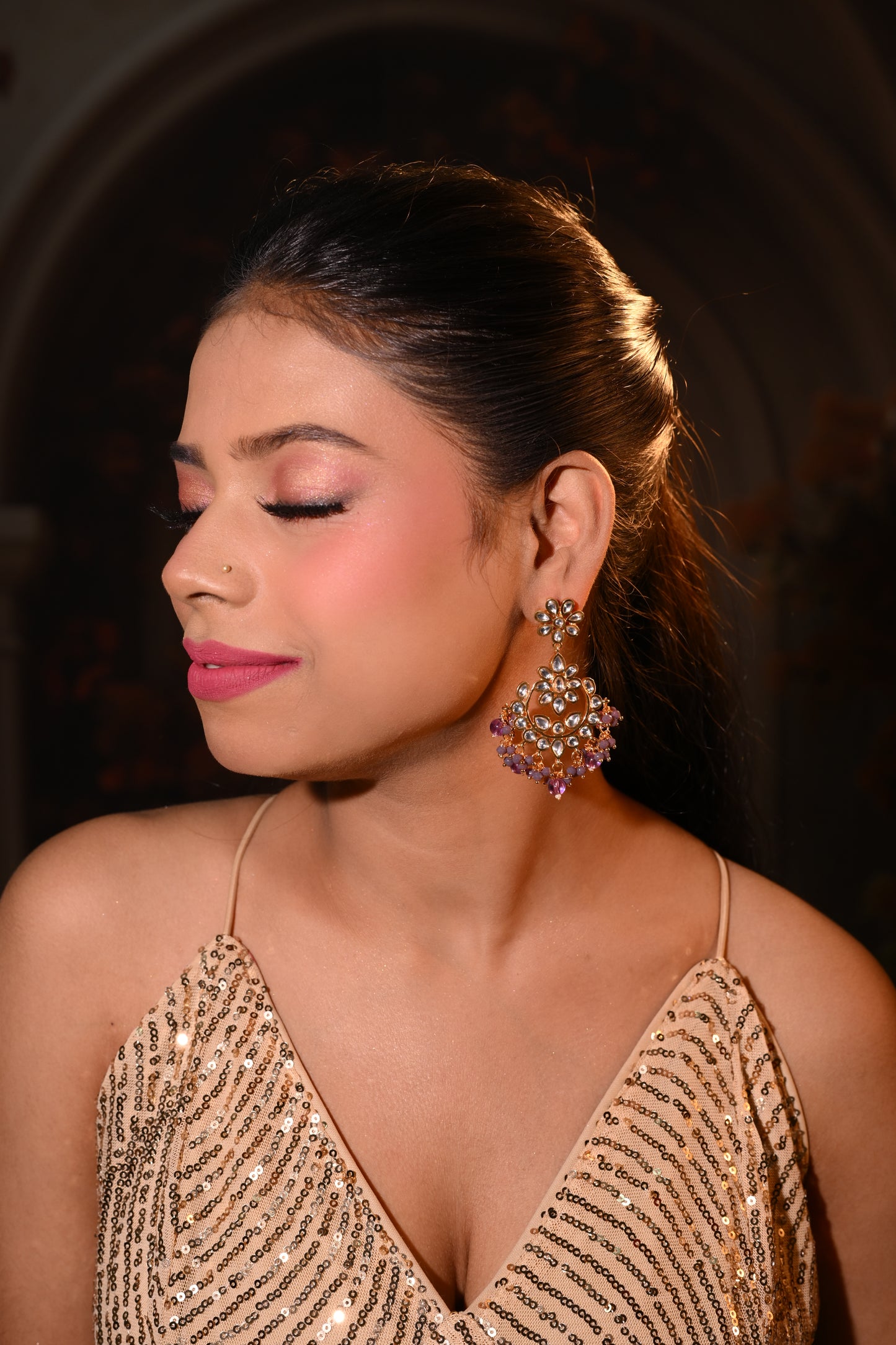 Floral Kundan Chandbali Earrings with Amethyst Beads