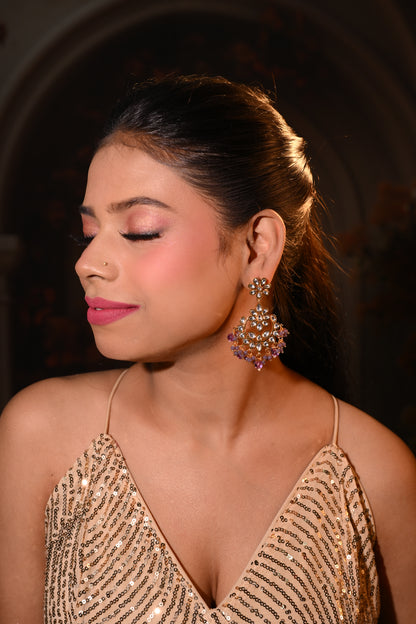 Floral Kundan Chandbali Earrings with Amethyst Beads