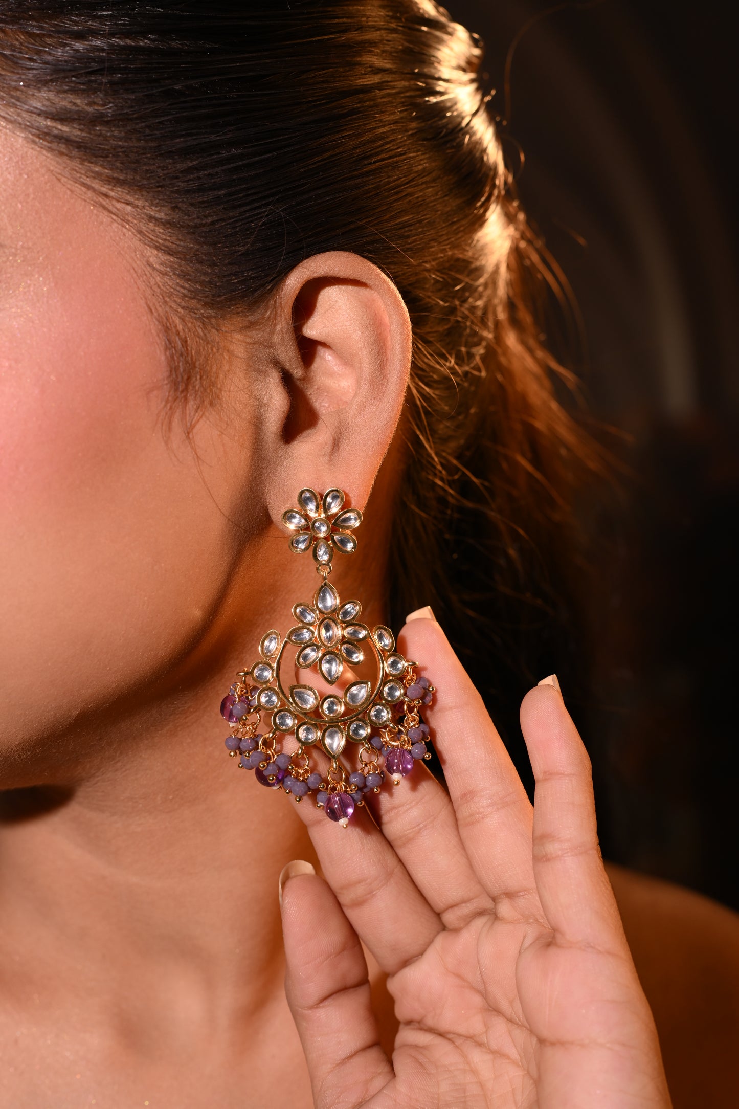 Floral Kundan Chandbali Earrings with Amethyst Beads