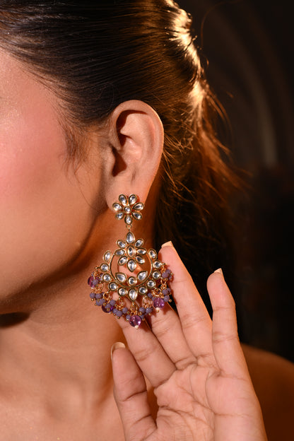 Floral Kundan Chandbali Earrings with Amethyst Beads