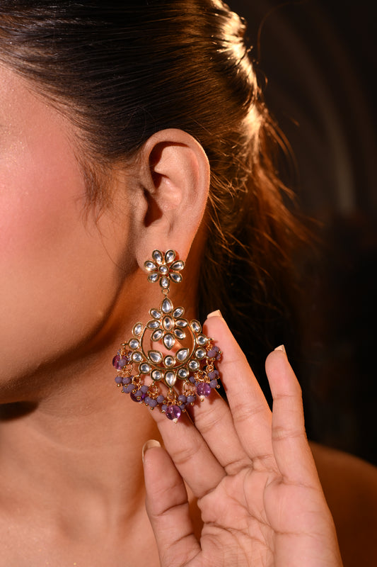 Floral Kundan Chandbali Earrings with Amethyst Beads