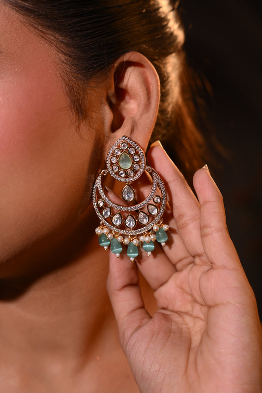 Gold-Plated Kundan Chandbali Earrings with Green Beads