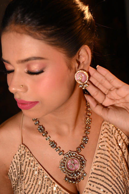 Blush Bloom Kundan Necklace Set with Handcrafted Floral Center