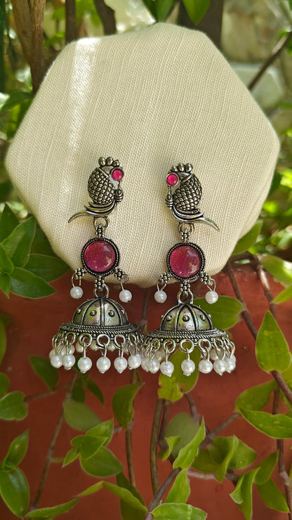 Pink Meenakshi Fish Motif Oxidised Jhumka Earrings