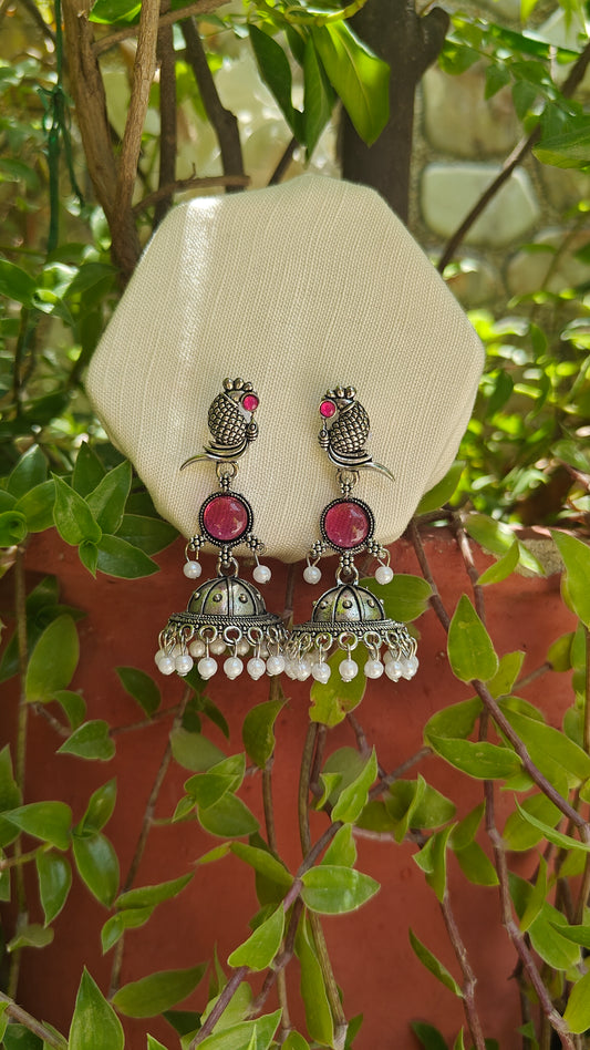 Pink Meenakshi Fish Motif Oxidised Jhumka Earrings