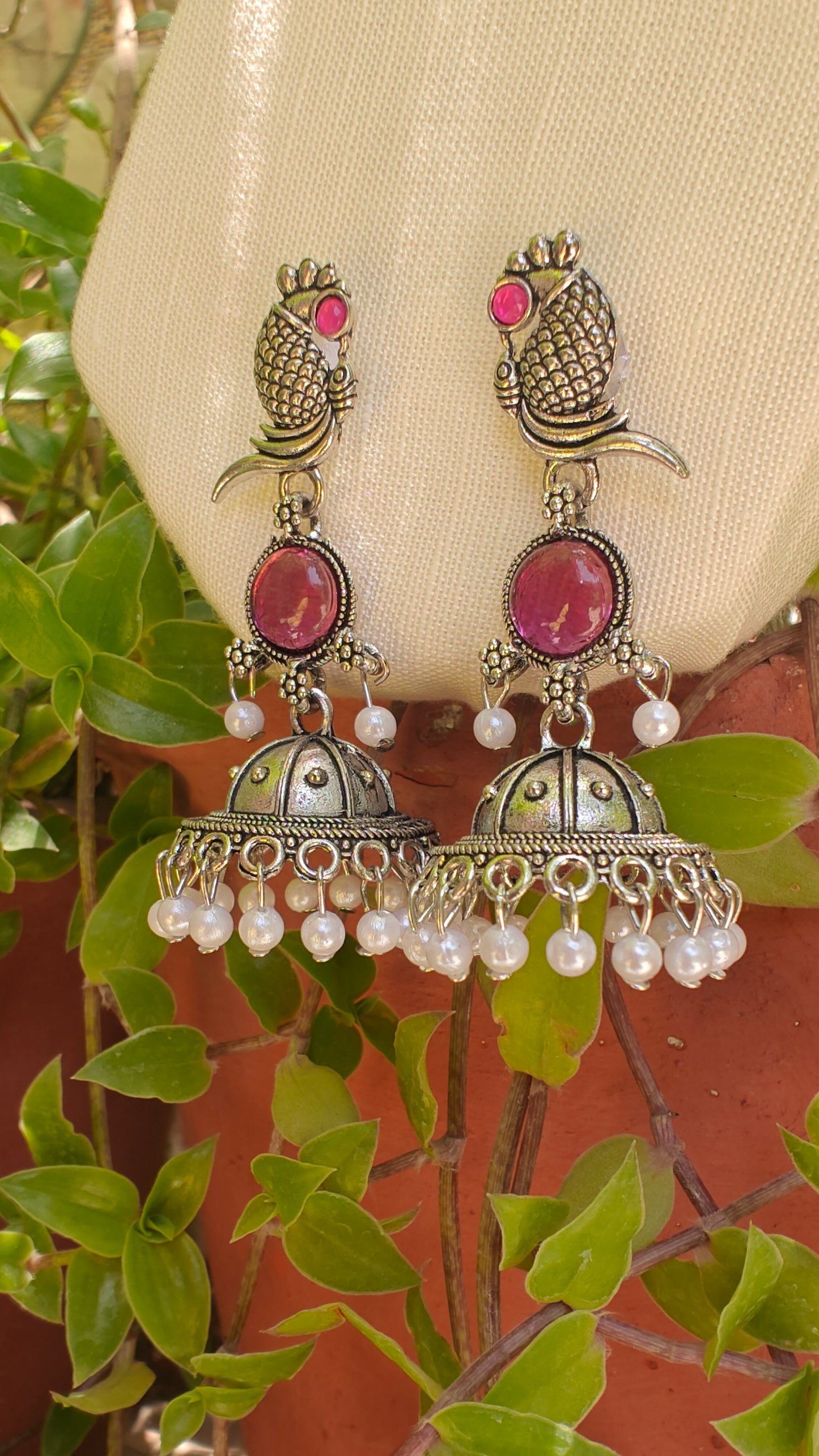 Pink Meenakshi Fish Motif Oxidised Jhumka Earrings