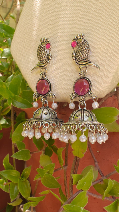 Pink Meenakshi Fish Motif Oxidised Jhumka Earrings