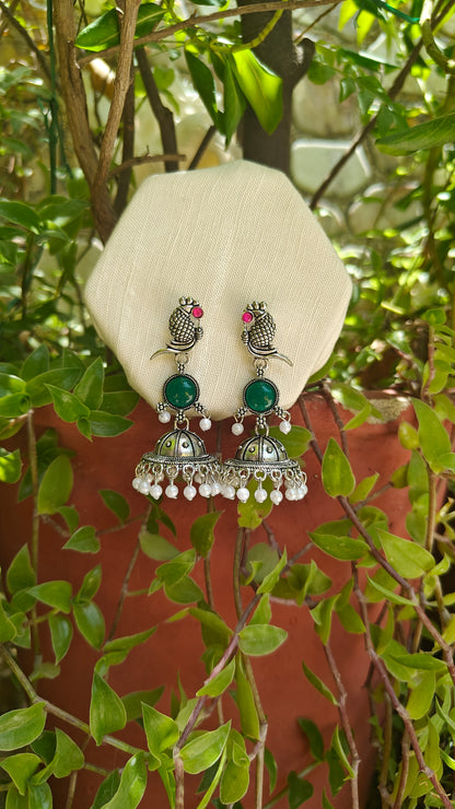 Emerald Matsya Drop Oxidised Jhumka Earrings