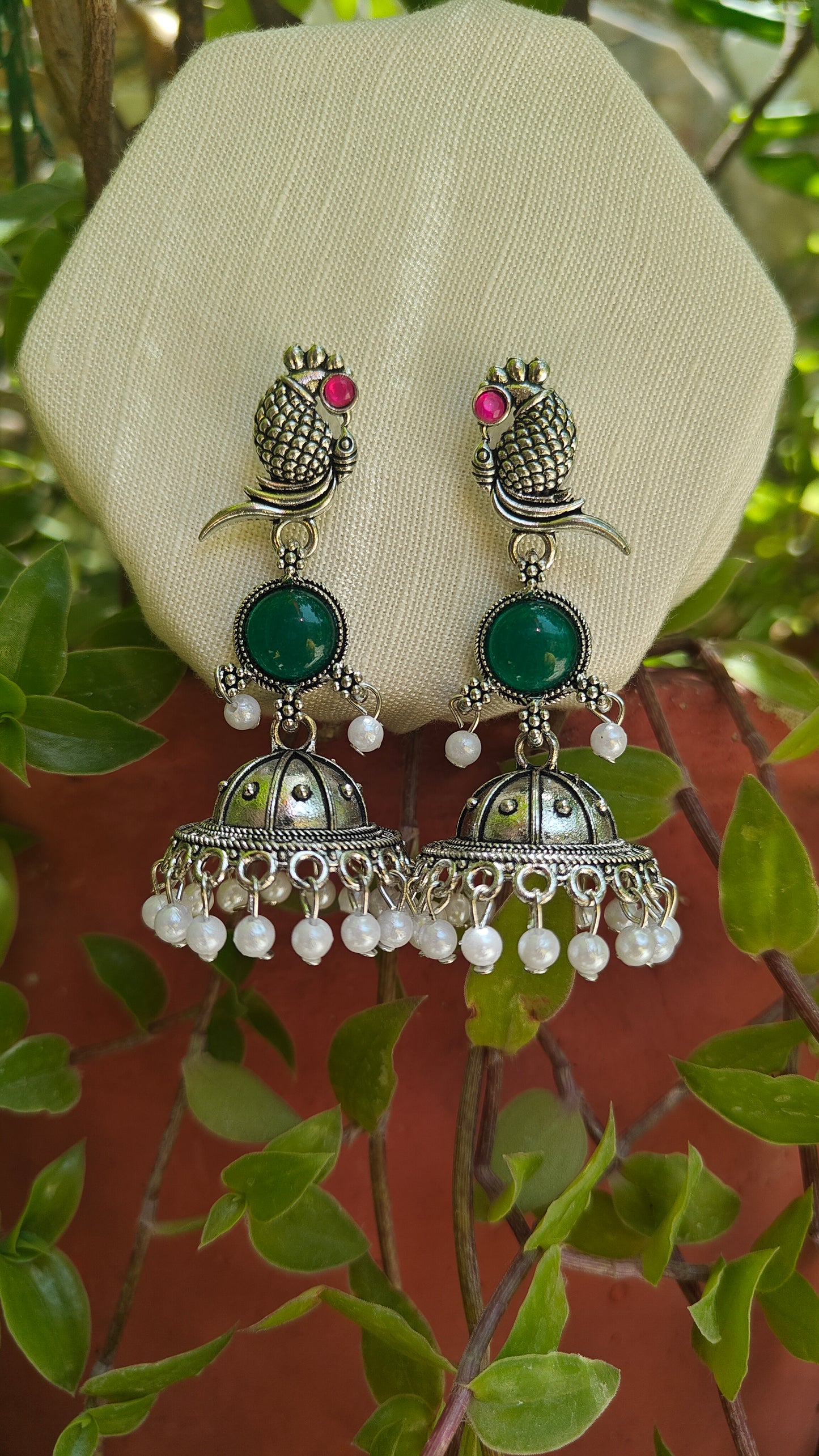 Emerald Matsya Drop Oxidised Jhumka Earrings