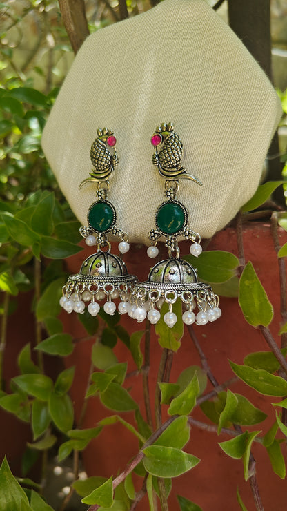 Emerald Matsya Drop Oxidised Jhumka Earrings