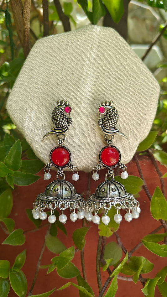 Ruby Matsya Charm Oxidised Jhumka Earrings