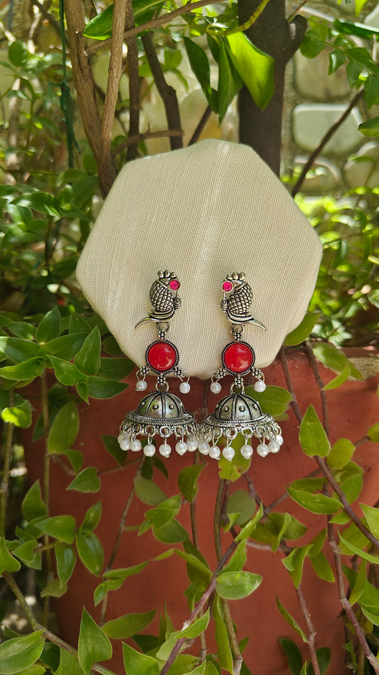 Ruby Matsya Charm Oxidised Jhumka Earrings