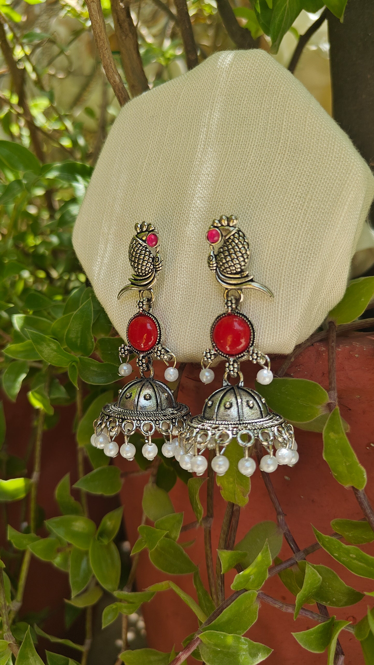 Ruby Matsya Charm Oxidised Jhumka Earrings