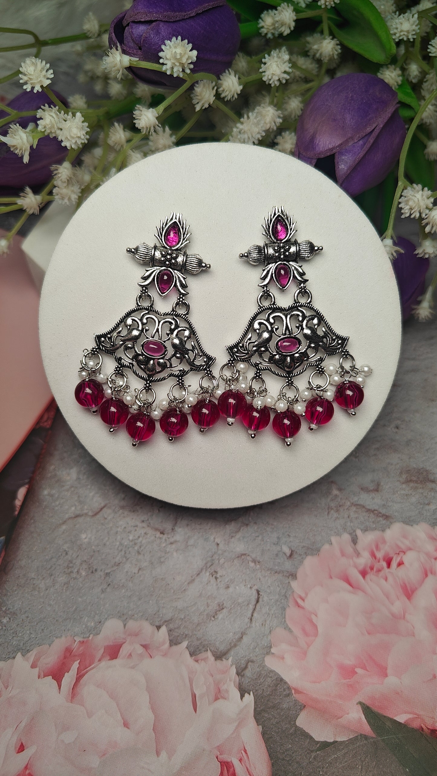 Royal Magenta Oxidised Bird Motif Dangler Earrings