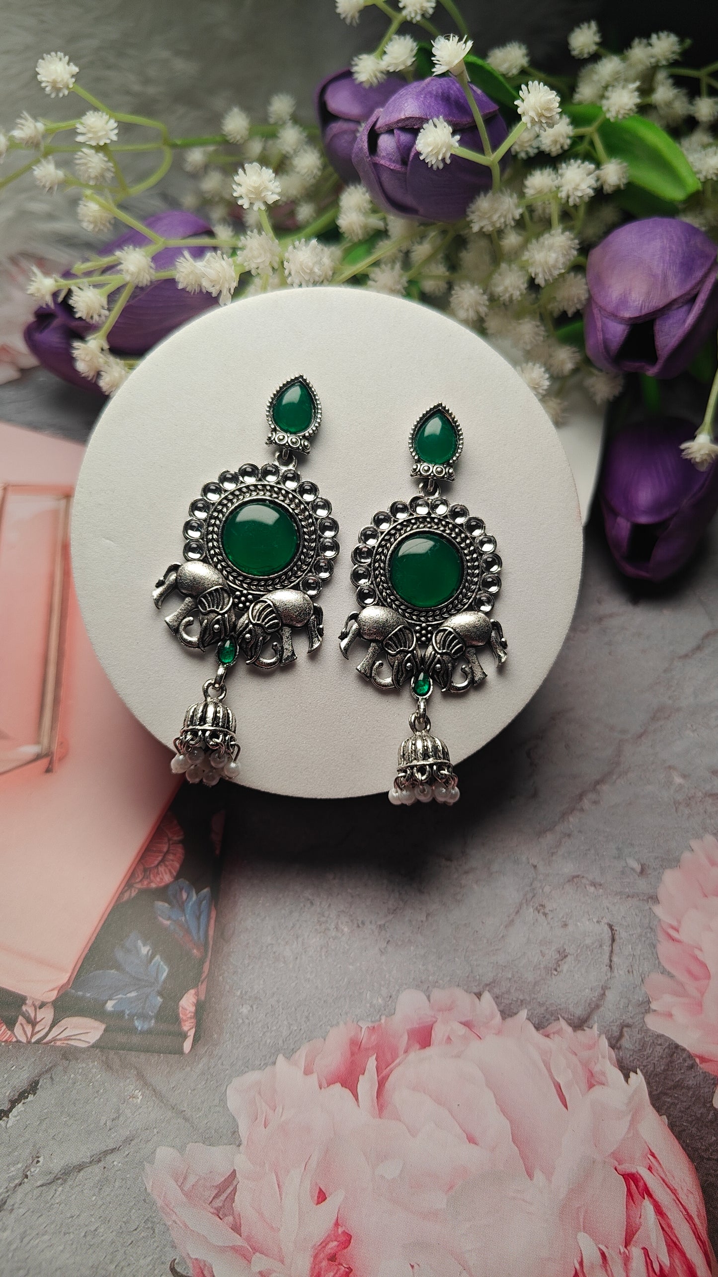 Emerald Elephant Heritage Oxidised Statement Earrings