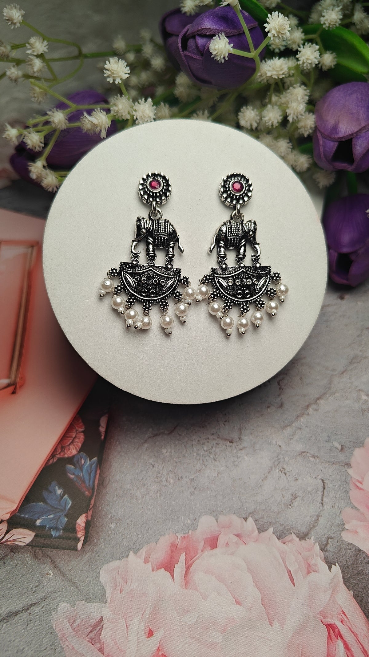 Royal Haathi Oxidised Pearl Dangler Earrings