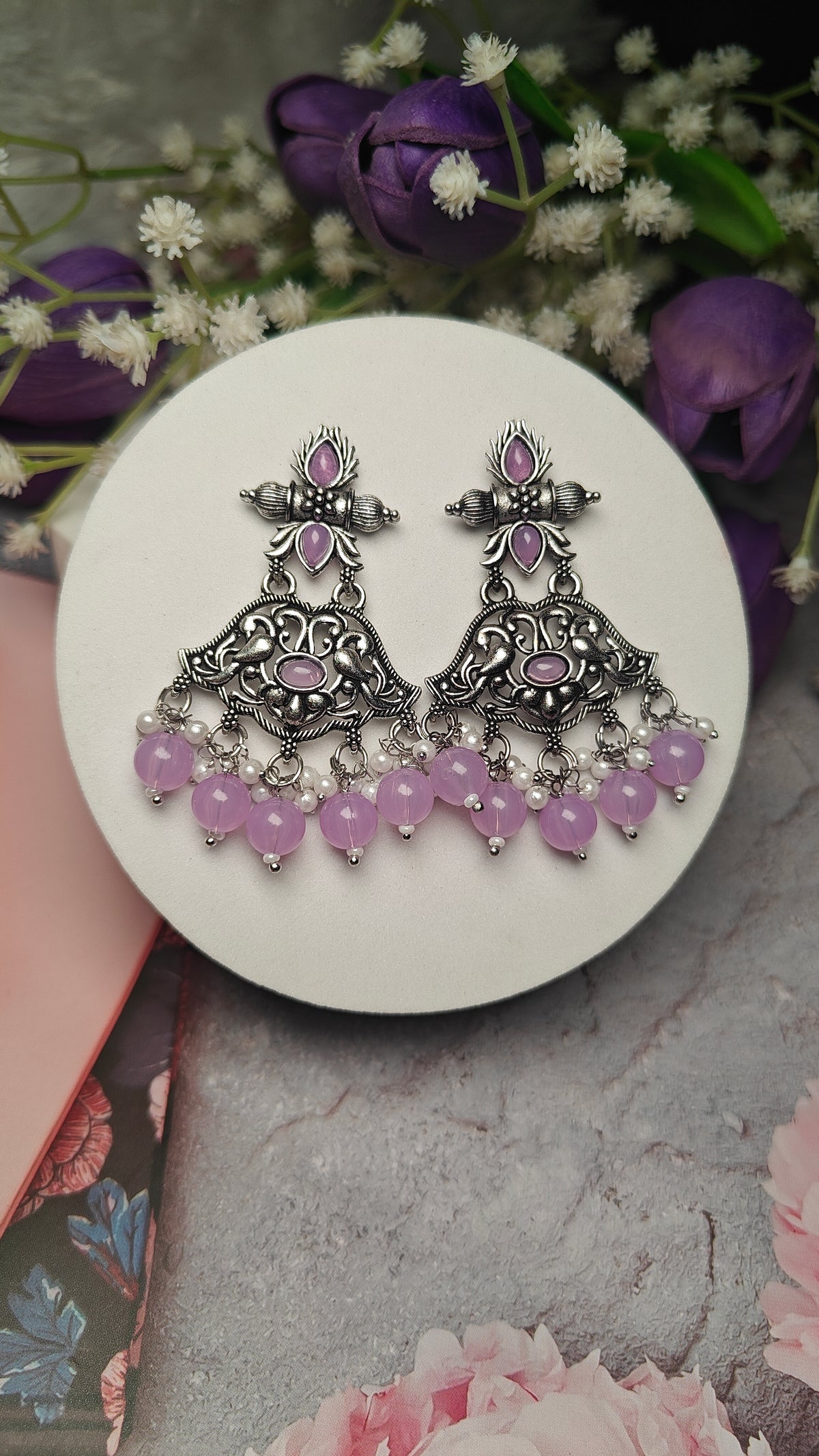 Lavender Blossom Oxidised Peacock Dangler Earrings