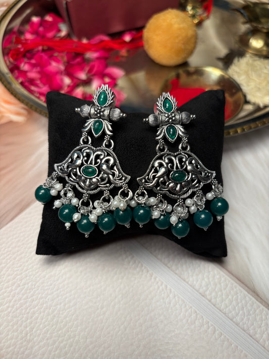 Emerald Leaf Oxidised Peacock Dangler Earrings