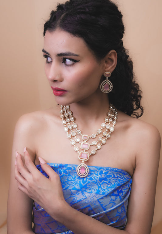 Triple Strand Pink CZ Kundan Necklace