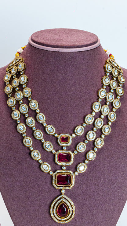 Antique Red CZ Three Line Necklace