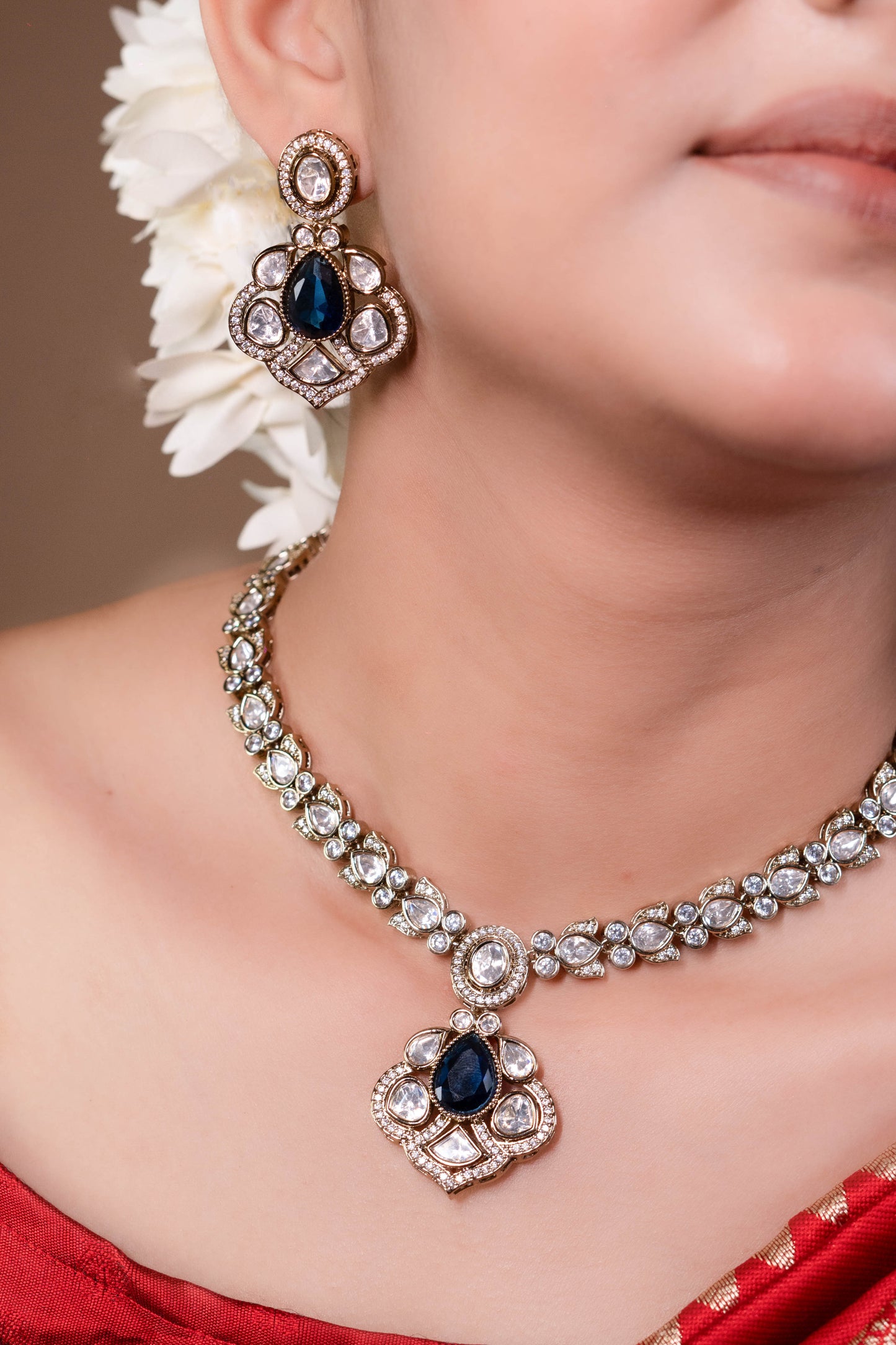 Blue CZ Gold Plated Kundan Necklace
