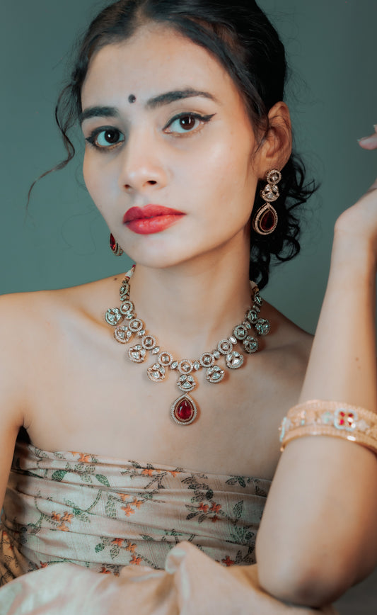 Rose Gold Red CZ Kundan Necklace