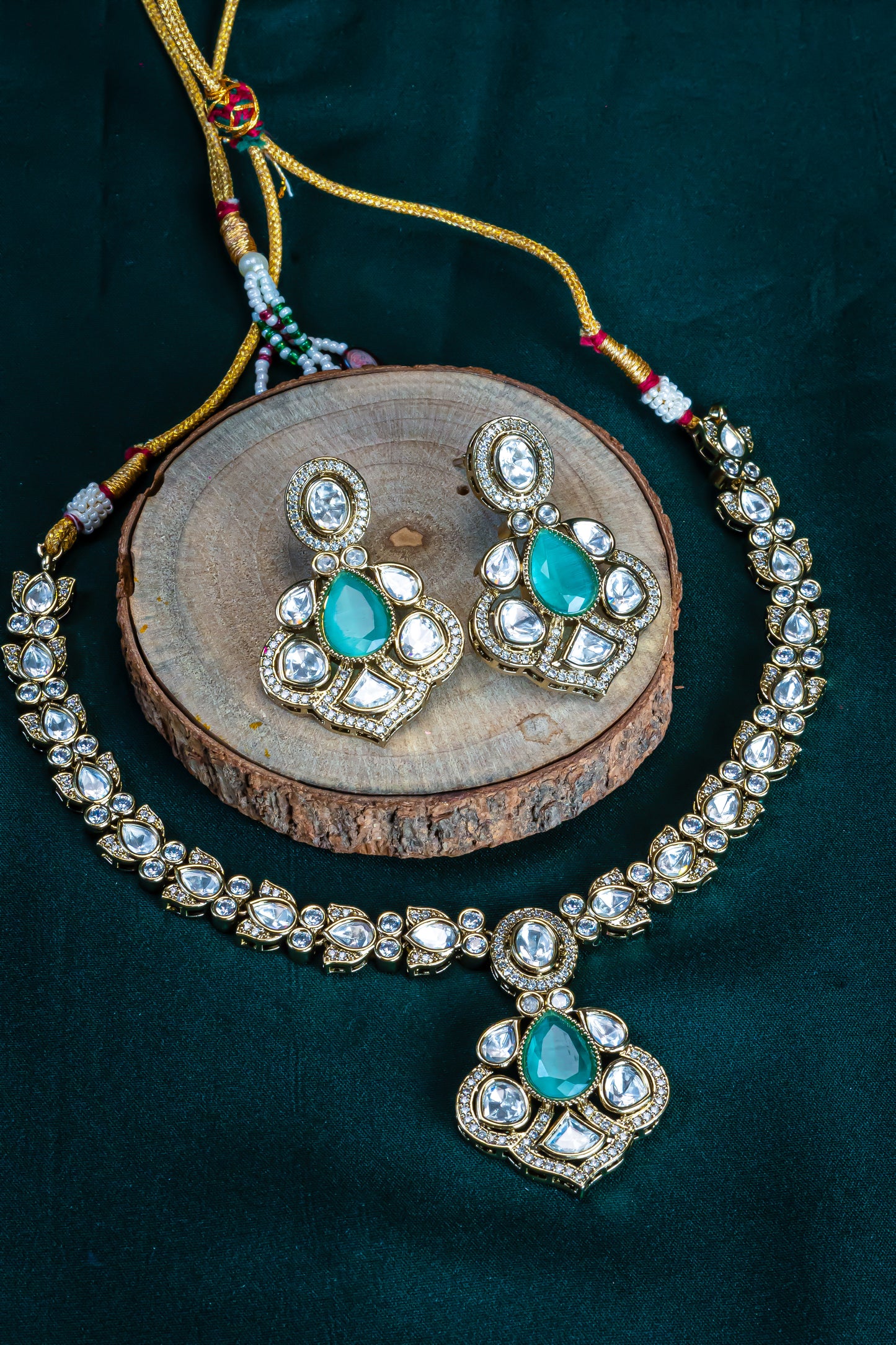 Gold Finish Green CZ Kundan Necklace