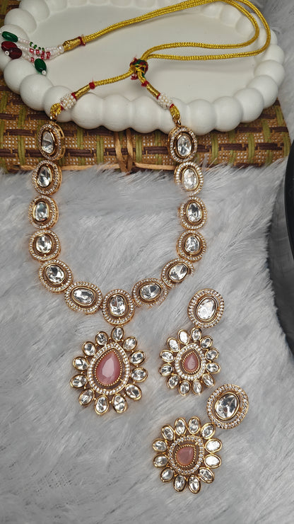 Royal Polki Kundan Necklace Set with Pink Centerstones