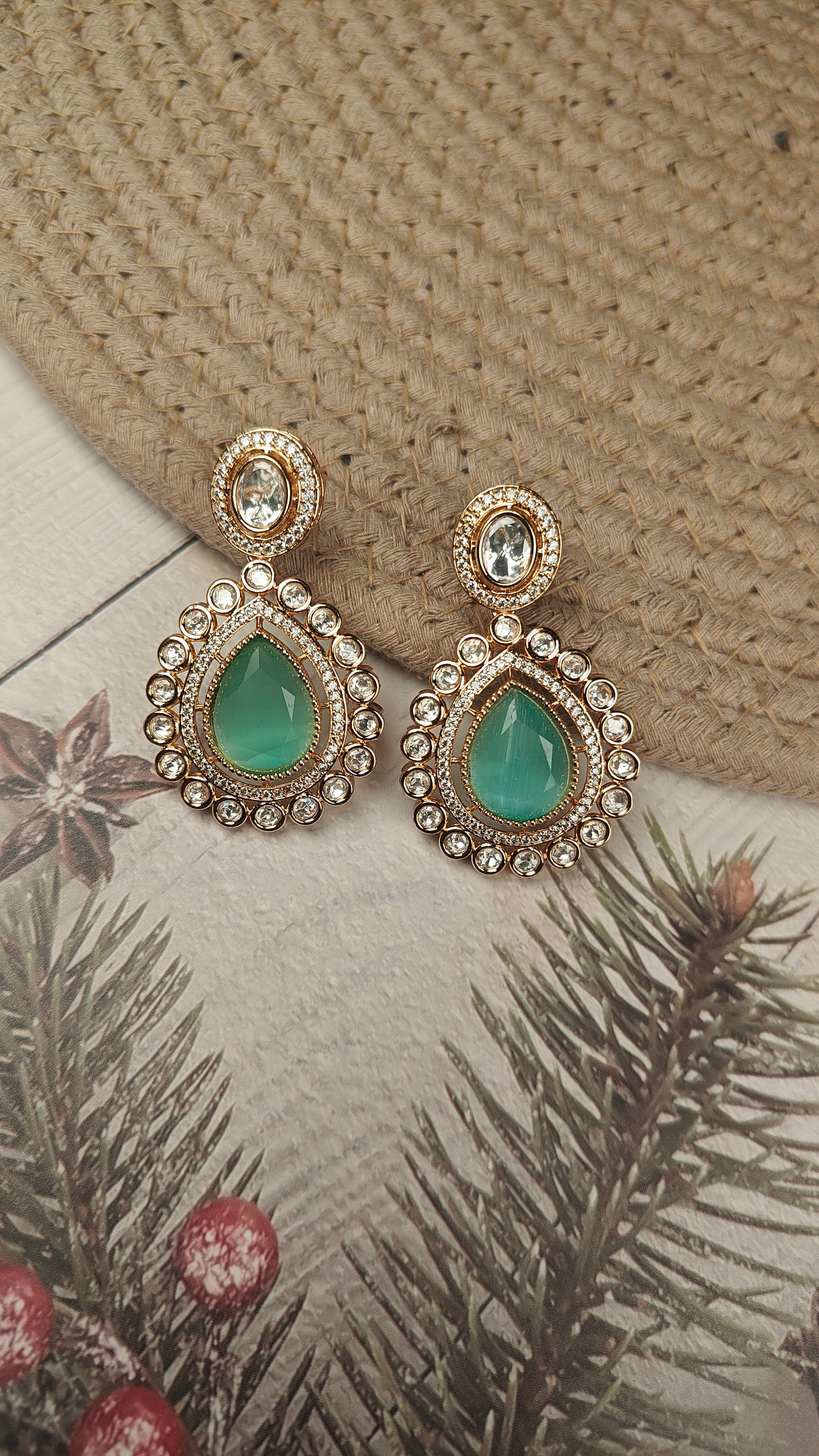 Emerald Drop Kundan Earrings