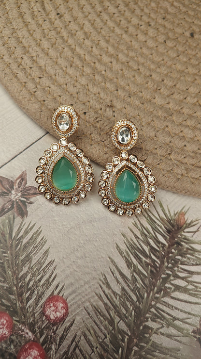 Emerald Drop Kundan Earrings
