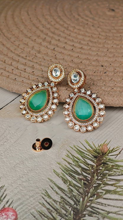 Emerald Drop Kundan Earrings