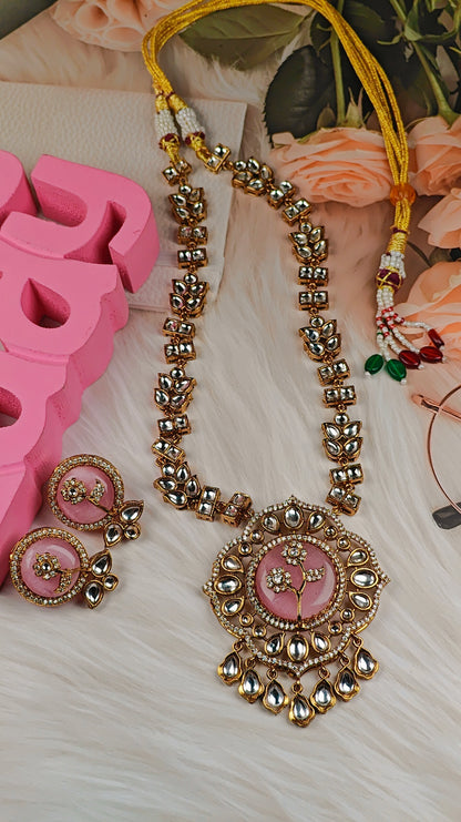 Blush Bloom Kundan Necklace Set with Handcrafted Floral Center