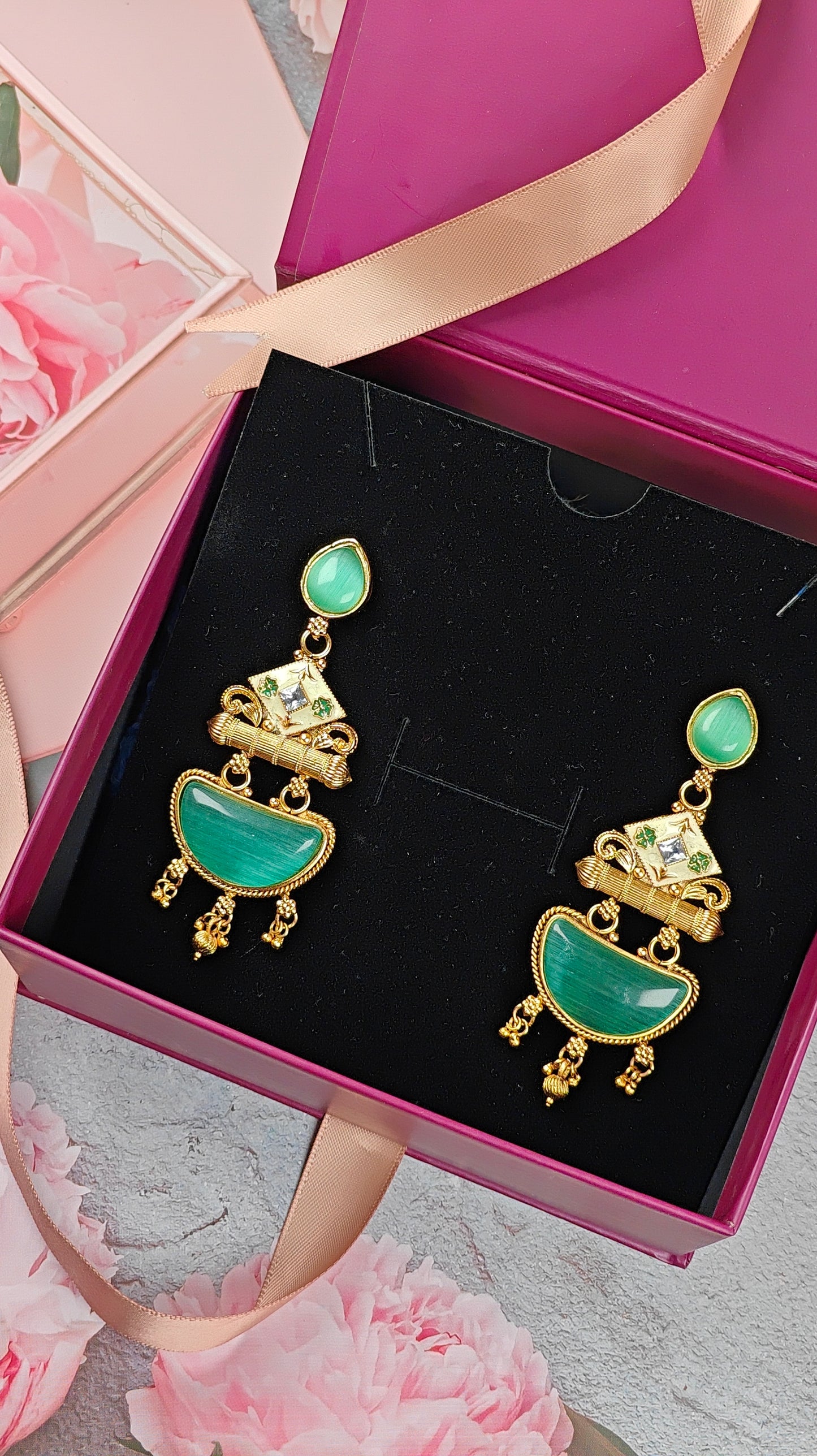 Royal Enamel Meenakari Drop Earrings in Emerald Green