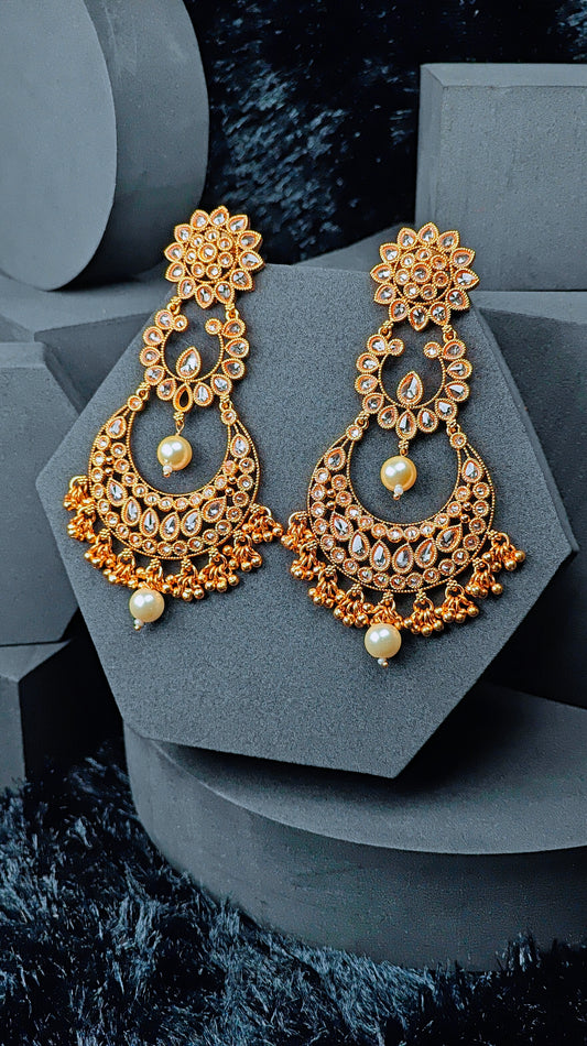 Gold Plated Kundan Chandbali Earrings with Pearl Drops