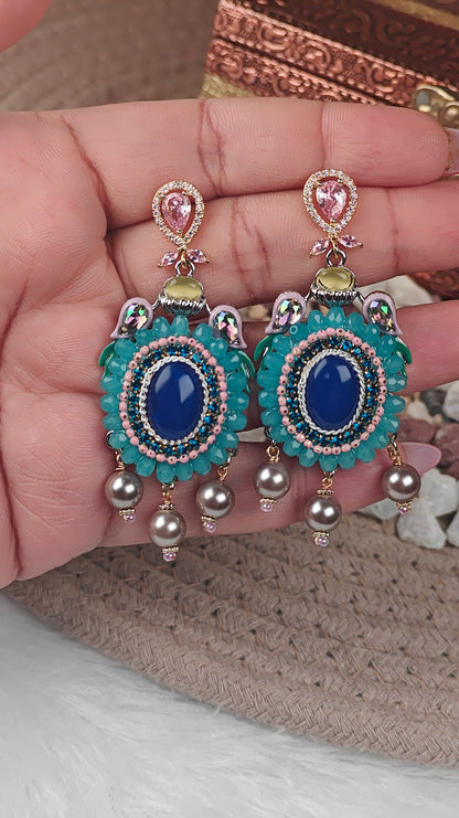 Handcrafted Multicolor Beaded Earrings with Blue Stone & Pearl Drops