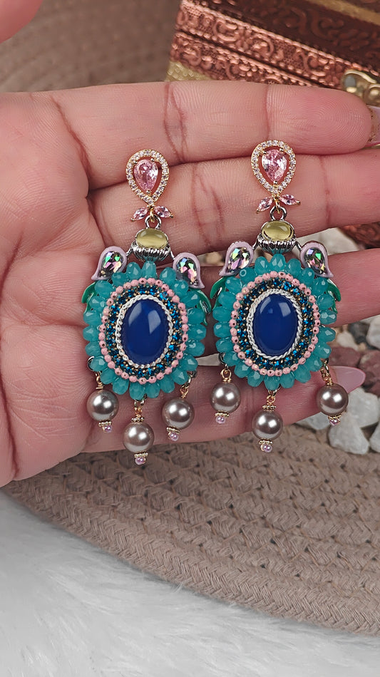 Handcrafted Multicolor Beaded Earrings with Blue Stone & Pearl Drops
